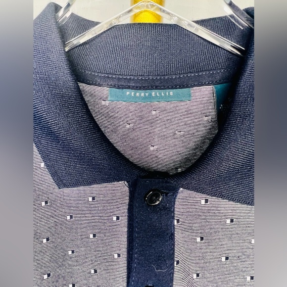 Short-Sleeved Polo Shirt by Perry Ellis, Gray/Dark Blue/White Geo Pattern, Sz S - Picture 3 of 5